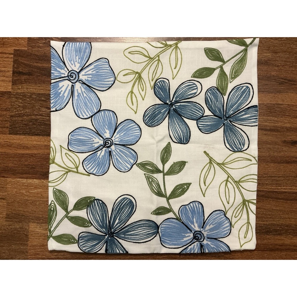 Embroidered Blue Floral Pillow Throw Cover 18in X 18in